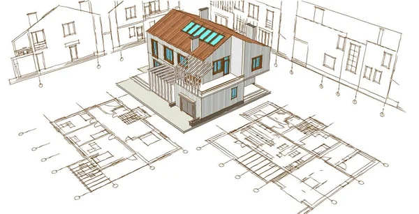 modern house architectural project sketch 3d illustration