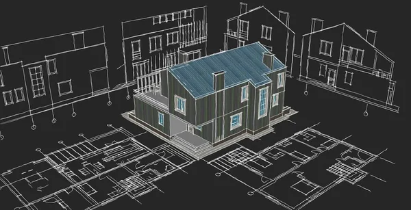 modern house architectural project sketch 3d illustration