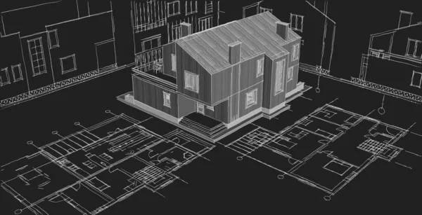 现代房屋建筑草图3D插图 — 图库照片