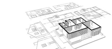 Modern ev mimari projesi çizimi 3D illüstrasyon