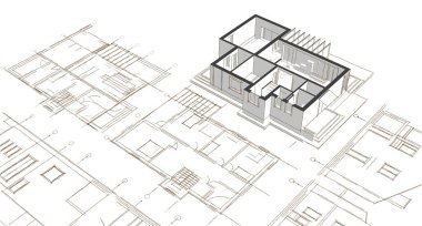 Modern ev mimari projesi çizimi 3D illüstrasyon