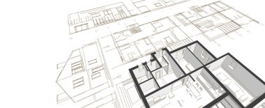 Modern ev mimari projesi çizimi 3D illüstrasyon