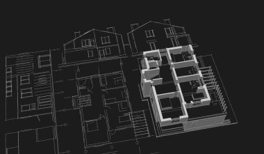 Modern ev mimari projesi çizimi 3D illüstrasyon