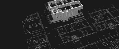 Modern ev mimari projesi çizimi 3D illüstrasyon