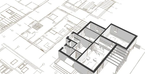 现代房屋建筑草图3D插图 — 图库照片