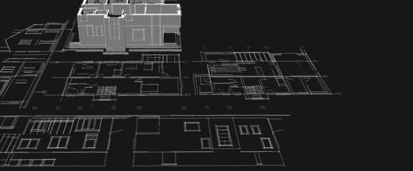 现代房屋建筑草图3D插图 — 图库照片