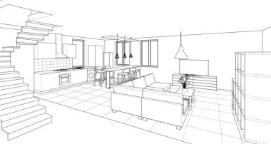 Stüdyo daire iç tasarımı 3D illüstrasyon