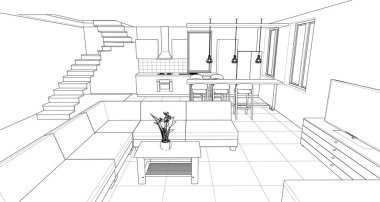 Stüdyo daire iç tasarımı 3D illüstrasyon