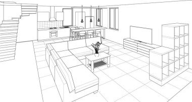 Stüdyo daire iç tasarımı 3D illüstrasyon