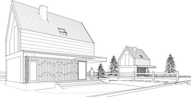 Kasaba mimarisi çizimi 3d vektör illüstrasyonu