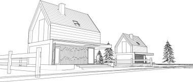 Kasaba mimarisi çizimi 3d vektör illüstrasyonu