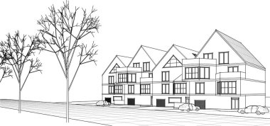 Kasaba mimarisi çizimi 3d vektör illüstrasyonu