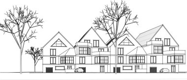 Kasaba mimarisi çizimi 3d vektör illüstrasyonu