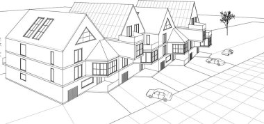 Kasaba mimarisi çizimi 3d vektör illüstrasyonu