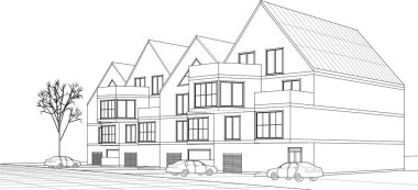 Kasaba mimarisi çizimi 3d vektör illüstrasyonu