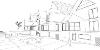 Kasaba mimarisi çizimi 3d vektör illüstrasyonu