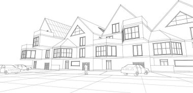 Kasaba mimarisi çizimi 3d vektör illüstrasyonu