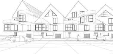 Kasaba mimarisi çizimi 3d vektör illüstrasyonu