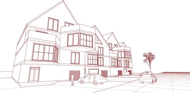 Kasaba mimarisi çizimi 3d vektör illüstrasyonu