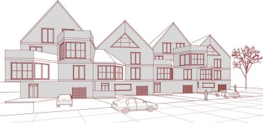 Kasaba mimarisi çizimi 3d vektör illüstrasyonu