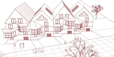 Kasaba mimarisi çizimi 3d vektör illüstrasyonu