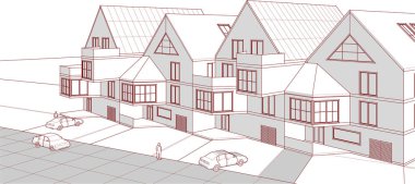 Kasaba mimarisi çizimi 3d vektör illüstrasyonu