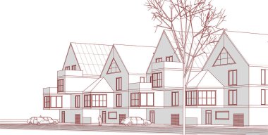 Kasaba mimarisi çizimi 3d vektör illüstrasyonu