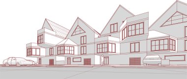 Kasaba mimarisi çizimi 3d vektör illüstrasyonu