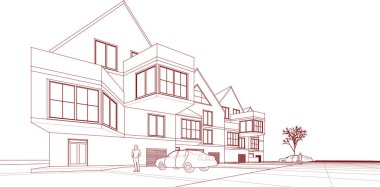 Kasaba mimarisi çizimi 3d vektör illüstrasyonu