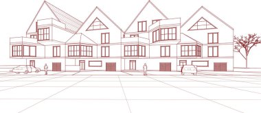 Kasaba mimarisi çizimi 3d vektör illüstrasyonu