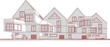 Kasaba mimarisi çizimi 3d vektör illüstrasyonu