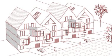 Kasaba mimarisi çizimi 3d vektör illüstrasyonu