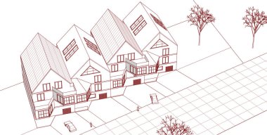 Kasaba mimarisi çizimi 3d vektör illüstrasyonu