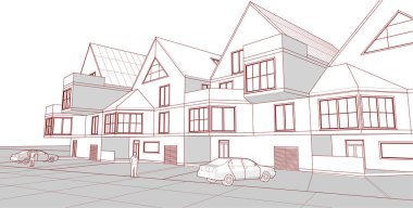 Kasaba mimarisi çizimi 3d vektör illüstrasyonu