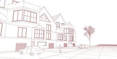 Kasaba mimarisi çizimi 3d vektör illüstrasyonu