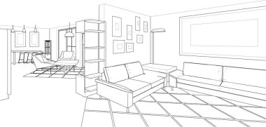 Stüdyo daire iç tasarımı 3D illüstrasyon