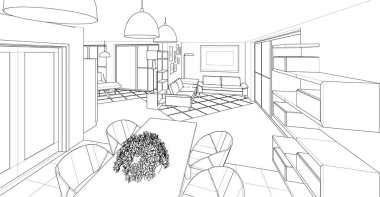 Stüdyo daire iç tasarımı 3D illüstrasyon