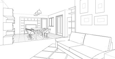 Stüdyo daire iç tasarımı 3D illüstrasyon