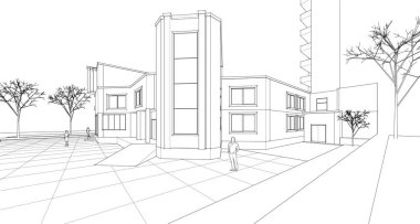 Şehir mimarisi çizimi 3d vektör illüstrasyonuName