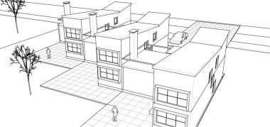 Kasaba mimarisi çizimi 3D illüstrasyon