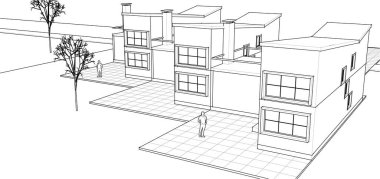 Kasaba mimarisi çizimi 3D illüstrasyon