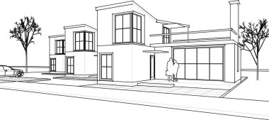 Kasaba mimarisi çizimi 3d vektör illüstrasyonu