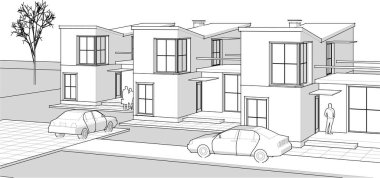 Kasaba mimarisi çizimi 3d vektör illüstrasyonu