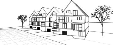 Kasaba mimarisi çizimi 3d vektör illüstrasyonu