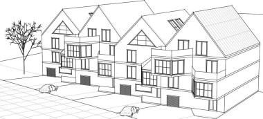 Kasaba mimarisi çizimi 3d vektör illüstrasyonu