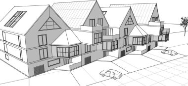 Kasaba mimarisi çizimi 3d vektör illüstrasyonu