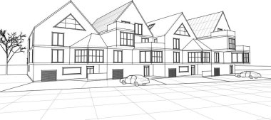 Kasaba mimarisi çizimi 3d vektör illüstrasyonu