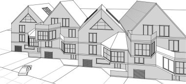 Kasaba mimarisi çizimi 3d vektör illüstrasyonu