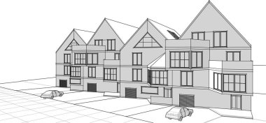 Kasaba mimarisi çizimi 3d vektör illüstrasyonu