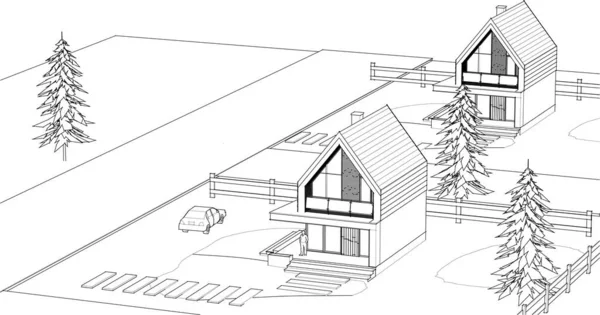 Kasaba mimarisi çizimi 3d vektör illüstrasyonu